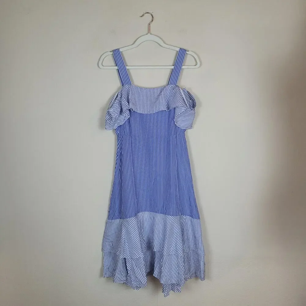 J.Crew Dress 0 Blue White Silk‎ Striped Ruffle Cold Shoulder Handkerchief Midi